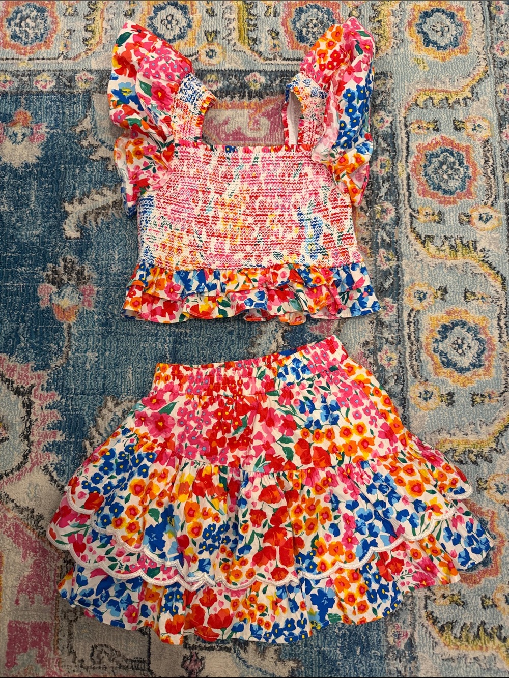 Buddy Love Pink Multi Floral Smocked Top & Tiered Skirt Set (can fit adult xxs)